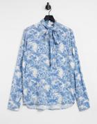 Asos Design Regular Shirt With Pussybow Neck Tie In Floral Print-blues