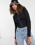 Stradivarius Ribbed Polo With Zip In Black