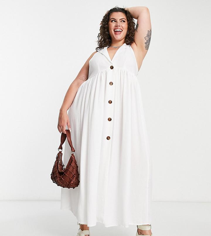 Asos Design Curve Collared Button Through Midi Smock Dress In White
