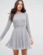 Asos Embellished Tassle Long Sleeve Mini Dress - Gray