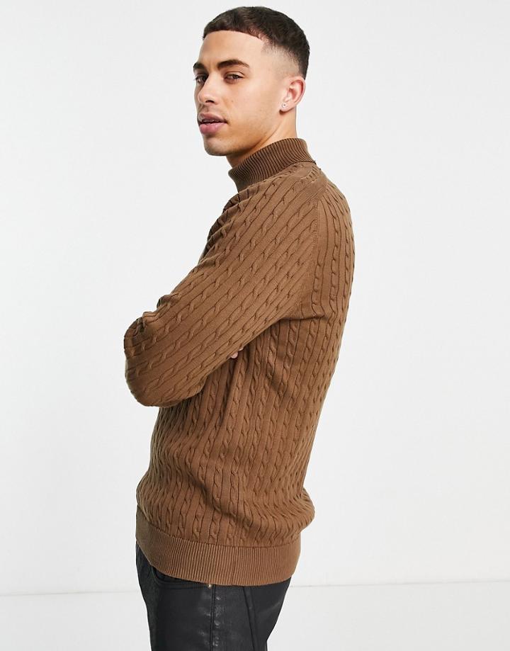 Selected Homme Cotton Cable Roll Neck Jumper In Tan - Tan-brown