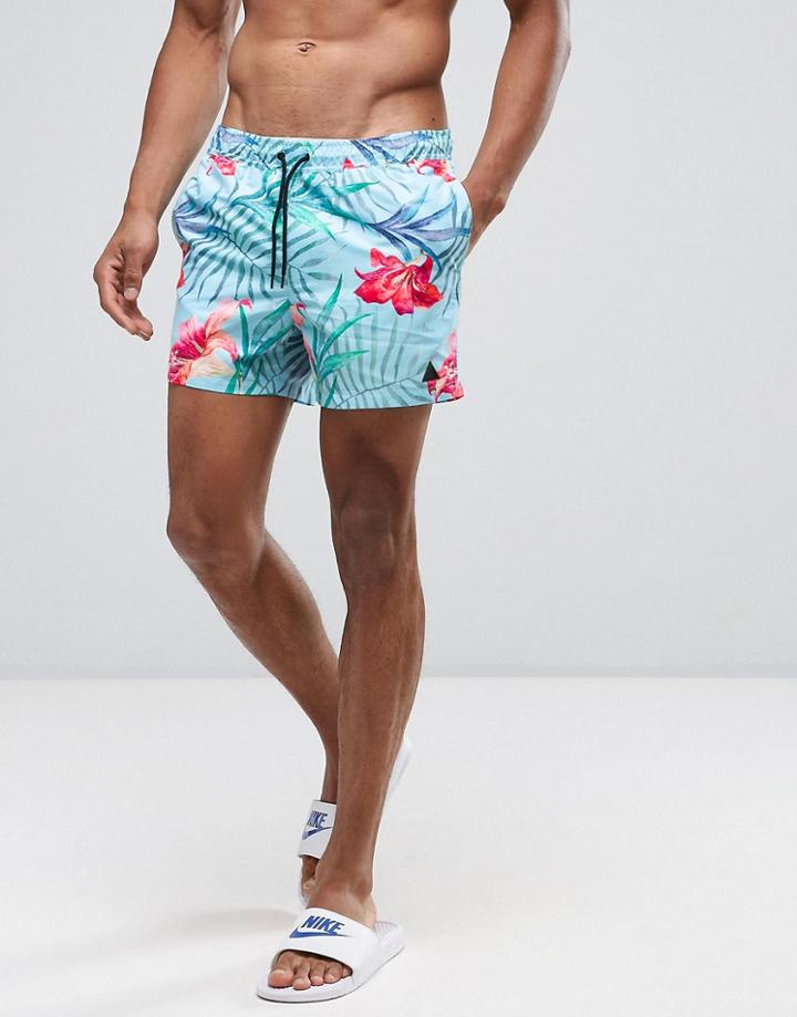 Asos Swim Shorts With Floral Print With Triangle Logo In Short Length - Blue