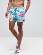 Asos Swim Shorts With Floral Print With Triangle Logo In Short Length - Blue