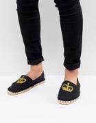 Asos Design Espadrilles In Black Canvas With Crown Embroidery - Black