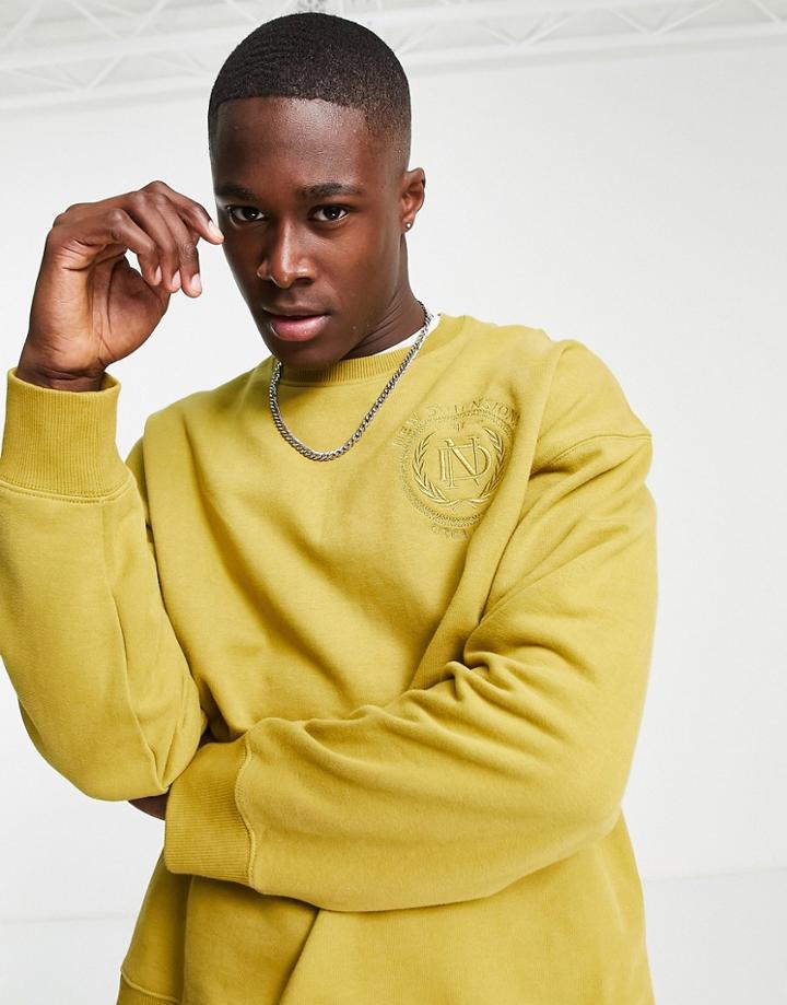 Topman Oversized Embroidered Chest Crest Sweatshirt In Olive-green