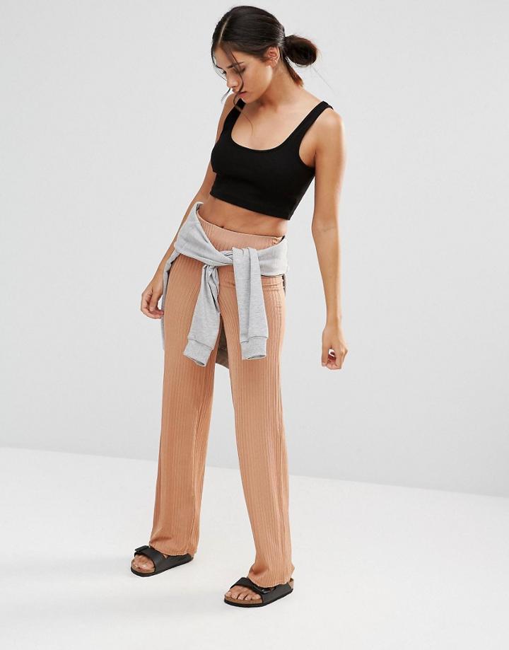 Daisy Street Wide Leg Trousers In Rib - Pink