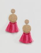Asos Design Hammered Metal Disc Tassel Earrings - Pink