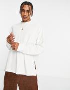 Asos Design Long Sleeve Oversized Pique T-shirt With Side Slits In Beige-neutral