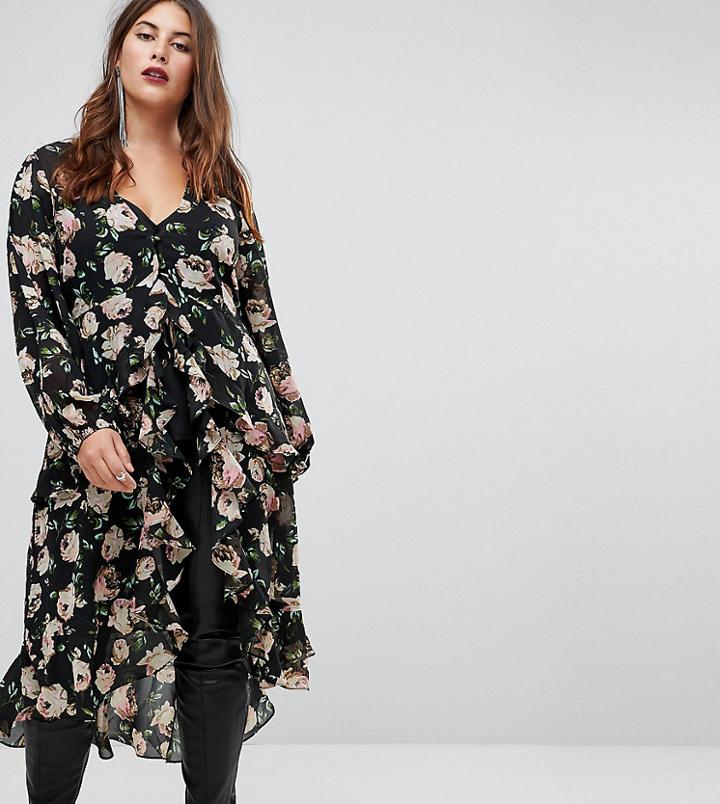 Asos Curve Ultimate Ruffle Maxi Tea Blouse In Dark Floral - Multi