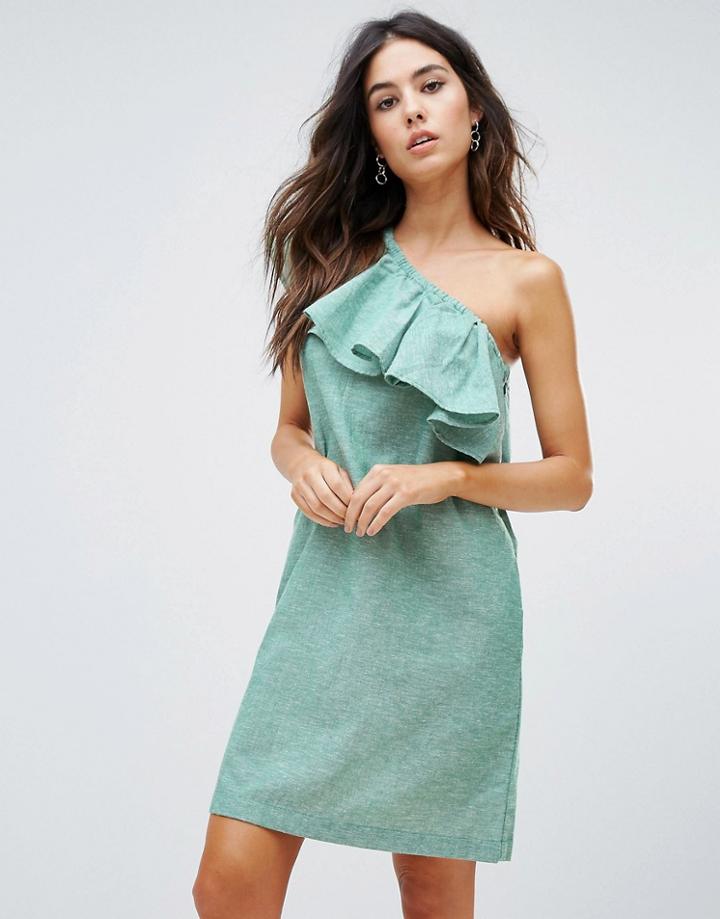 Warehouse Ruffle One Shoulder Dress - Green