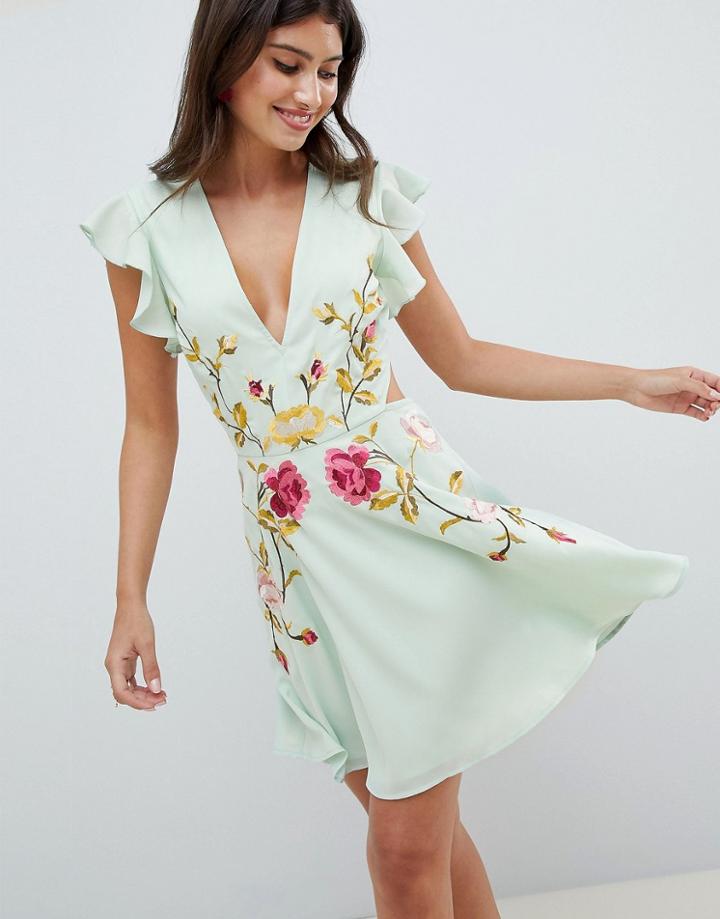 Asos Design Embroidered Skater Mini Dress With Cut Out Sides - Green