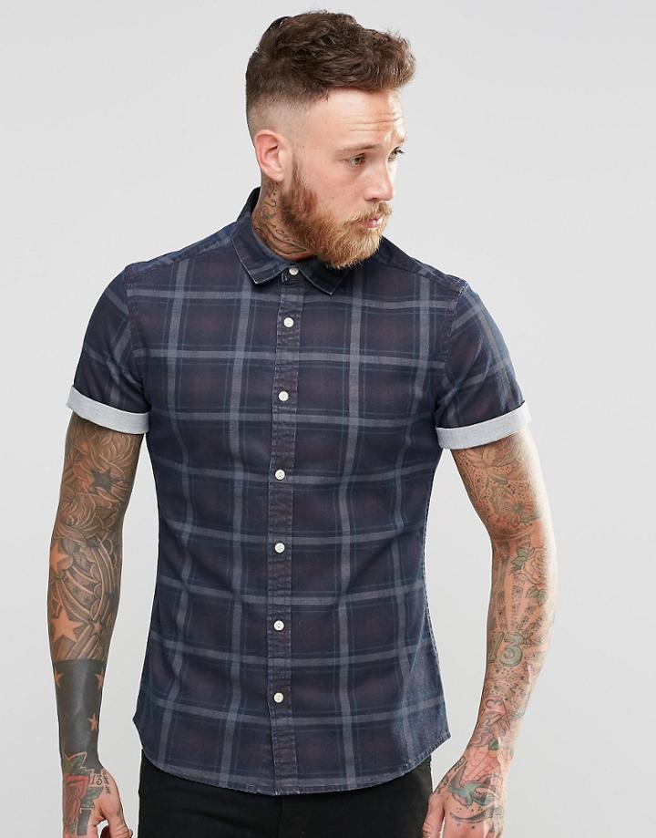 Asos Denim Shirt With Check In Overdye And Short Sleeve - Blue
