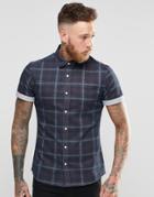 Asos Denim Shirt With Check In Overdye And Short Sleeve - Blue