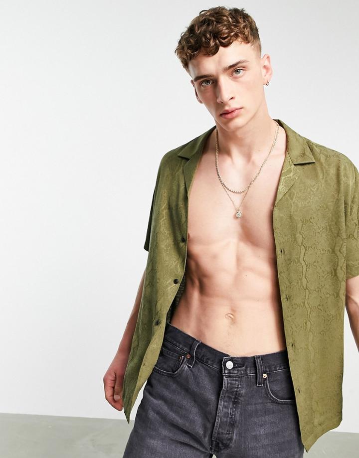 Asos Design Relaxed Camp Collar Satin Jacquard Shirt In Khaki-green