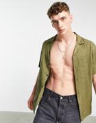 Asos Design Relaxed Camp Collar Satin Jacquard Shirt In Khaki-green