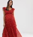 Asos Design Maternity Pleated Skater Midi Dress With Square Neck In Rust Spot-multi