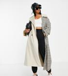 Asos Design Petite Check Spliced Trench Coat In Stone-neutral