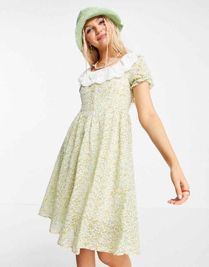 Urban Revivo Frill Neck Floral Print Mini Dress In Green