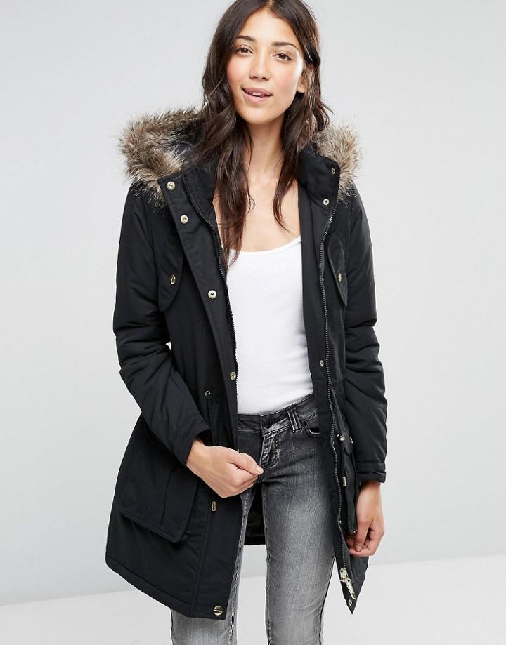 Brave Soul Hooded Parka With Faux Fur Trim - Black
