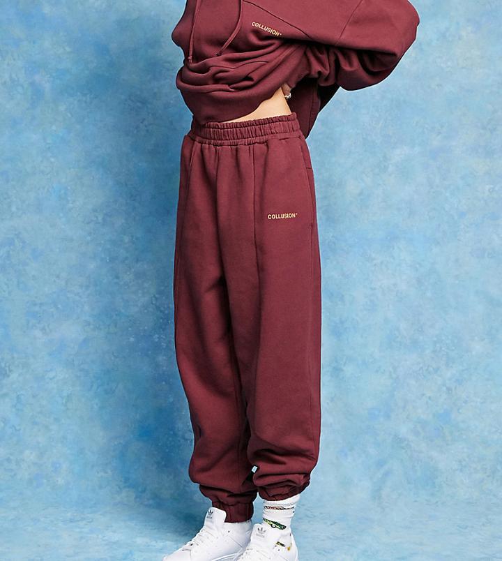 Collusion Seam Detail Branded Oversize Sweatpants In Burgundy-red