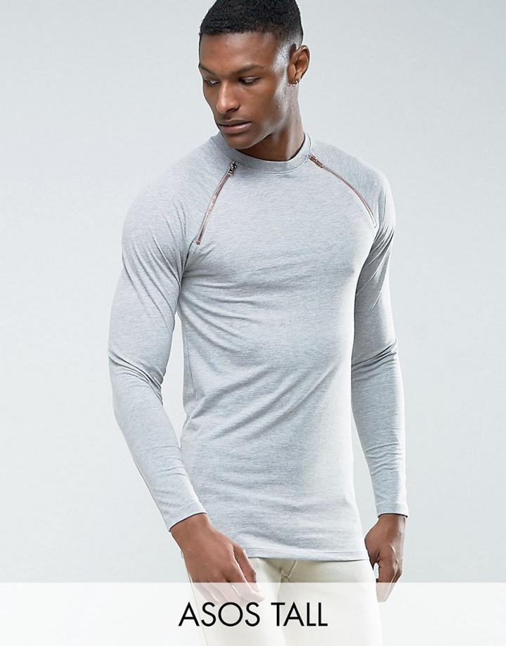 Asos Tall Muscle Long Sleeve T-shirt With Rose Gold Zips In Black - Gray