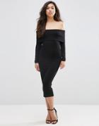 Asos Long Sleeve Deep Bardot Midi Bodycon - Black