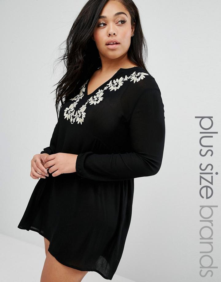Brave Soul Plus Dress With Embroidered Neckline - Black