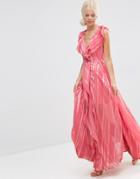 Asos Ruffle Waterfall Maxi Dress With Zip Front In Self Stripe - Dark Rose