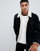 Asos Design Fleece Lined Denim Jacket In Black - Black