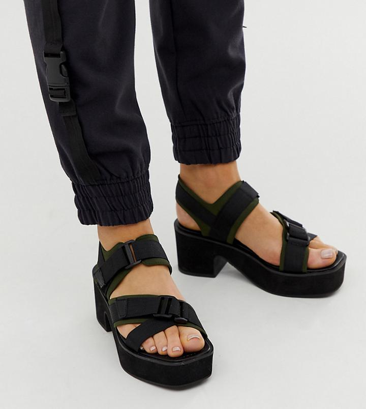 Asos Design Wide Fit Ward Chunky Strappy Mid Heeled Sandals In Khaki And Black