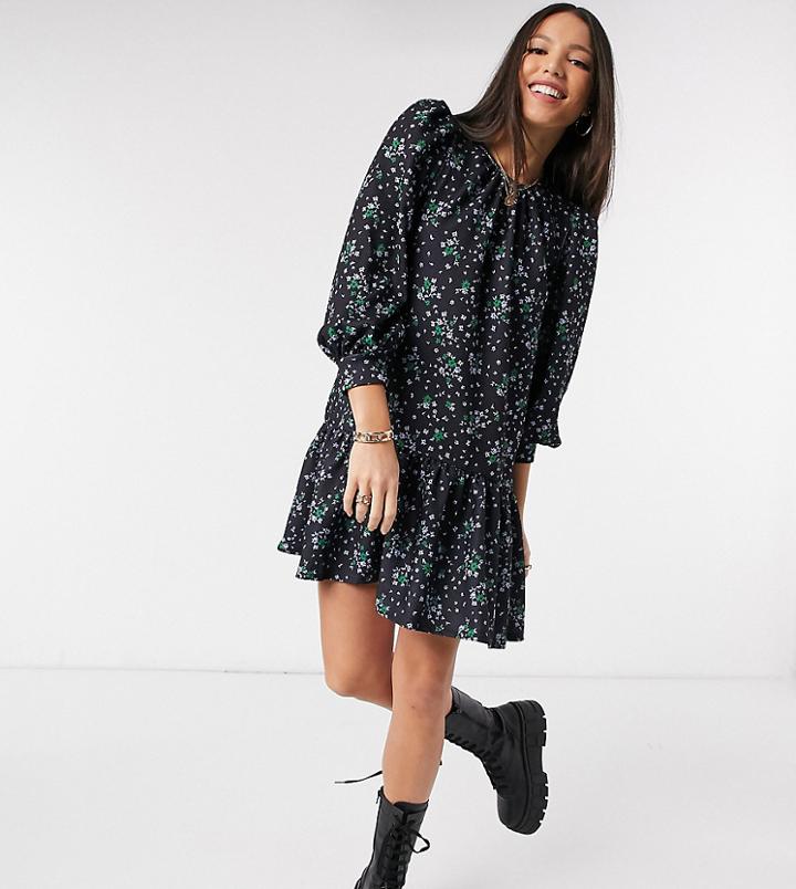 Asos Design Tall Mini Pep Hem Volume Sleeve Smock Dress In Black Base Floral-green