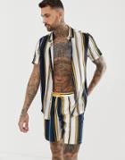 Asos Design Two-piece Regular Fit Stripe Shirt In Navy And Mustard - Navy