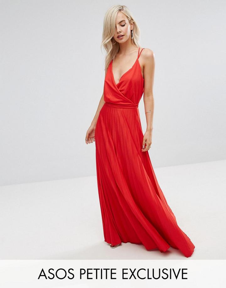 Asos Petite Blouson Wrap Pleated Maxi Dress With Tie Belt - Multi