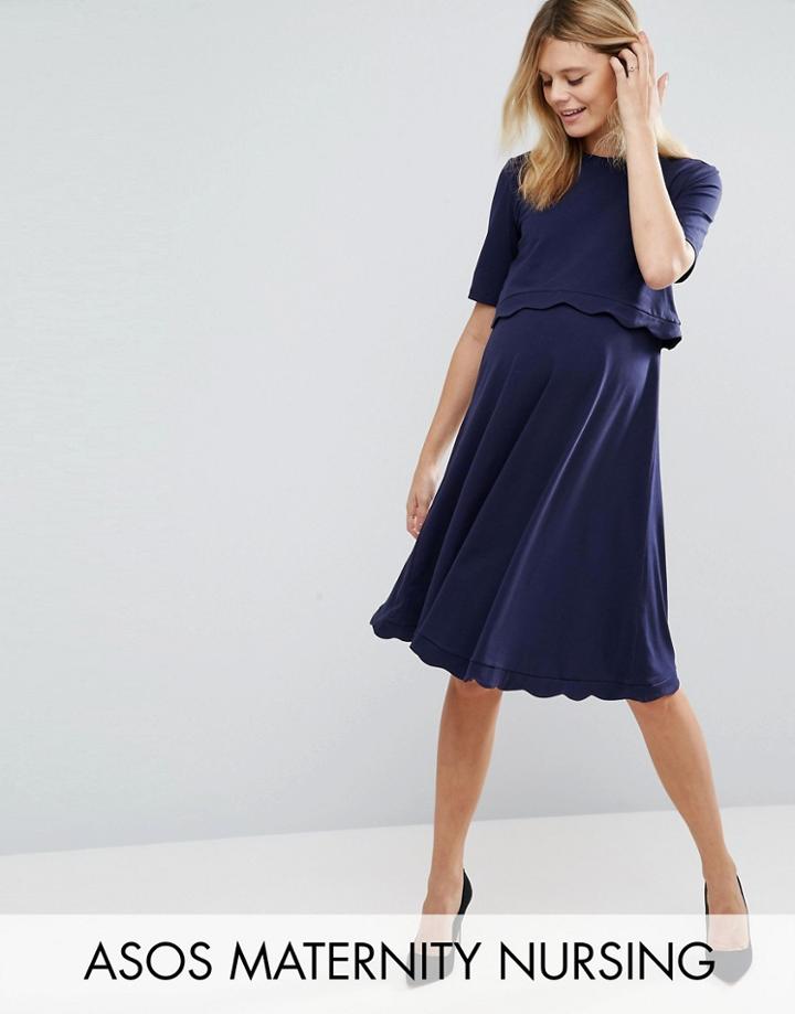 Asos Maternity Tall Nursing Scallop Dress With Short Sleeve - Navy