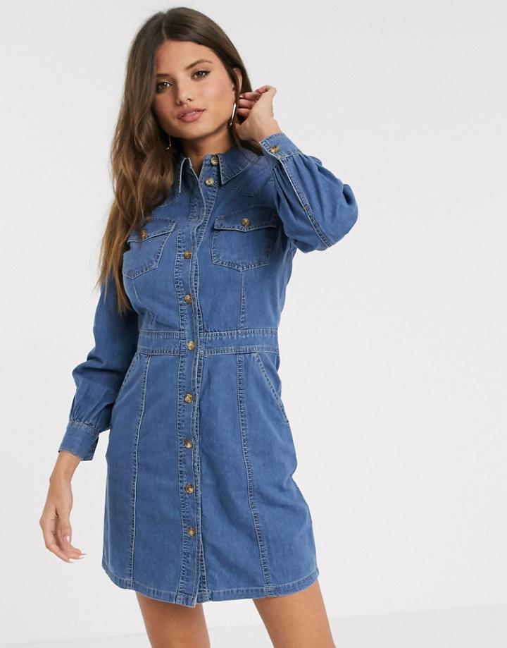 Warehouse Western Waisted Denim Dress In Dark Wash Blue-blues