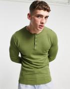 Asos Design Knitted Cotton Grandad Polo In Khaki-green