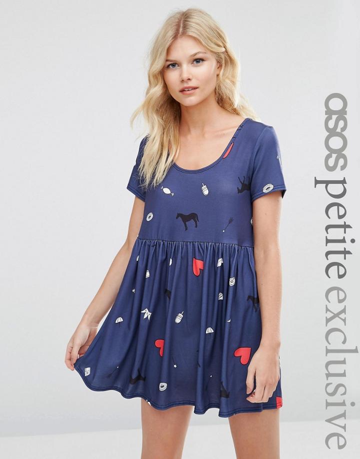 Asos Petite Smock Dress In Conversational Print - Navy