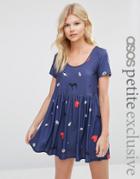 Asos Petite Smock Dress In Conversational Print - Navy