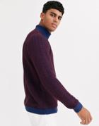 Asos Design Muscle Fit Roll Neck Sweater In Burgundy And Blue Braid-red