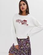Neon Rose Crop Sweatshirt With Scenic Embroidery - Cream