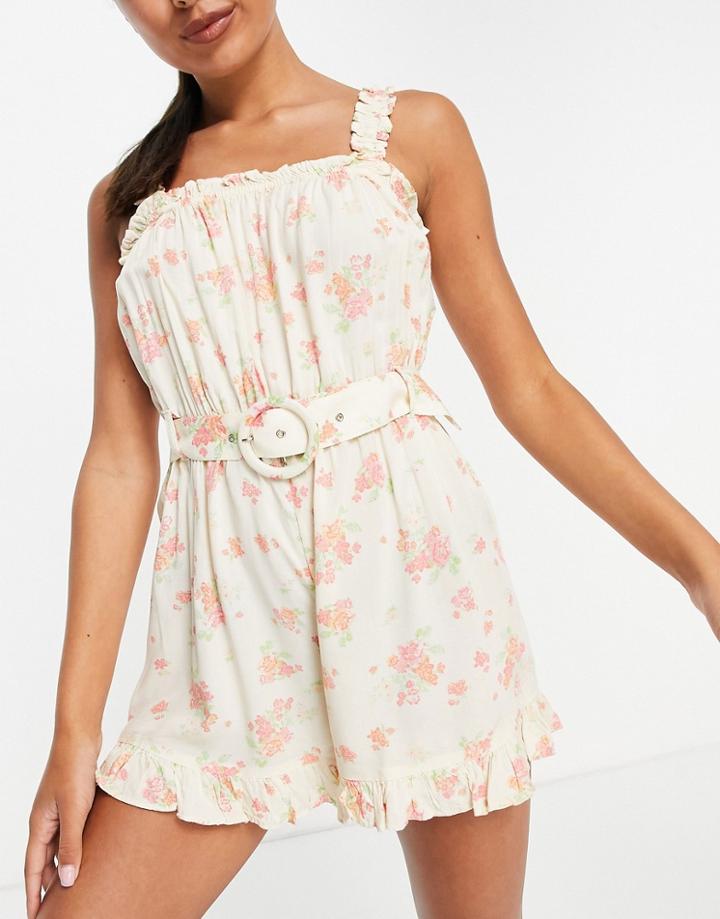 River Island Floral Belted Romper In Yellow