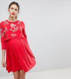 Asos Maternity Nursing Double Layer Skater Dress With Embroidery - Red