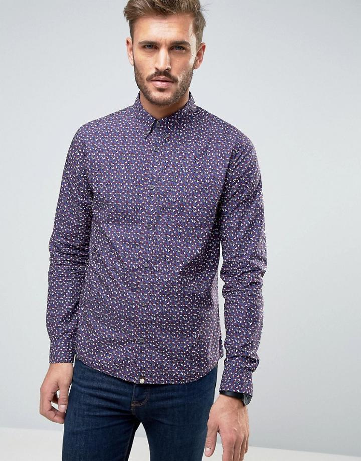 Pretty Green Rindle Floral Shirt Slim Fit In Mid Blue - Navy