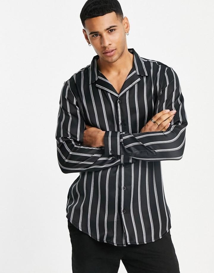 New Look Long Sleeve Striped Satin Shirt In Black