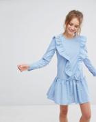 Pull & Bear Stripe Frill Front Dress - Blue
