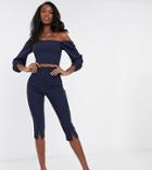 Vesper Tall Cropped Skinny Trousers With Front Split Detail Co Ord In Navy