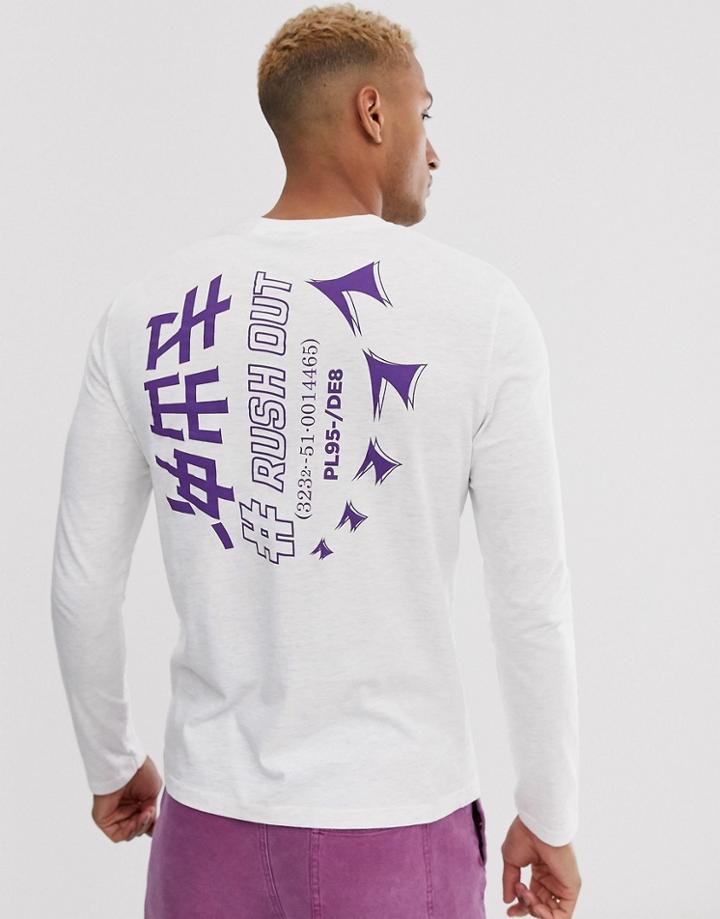 Asos Design Long Sleeve T-shirt With Japanese Text Back And Chest Print In White Marl