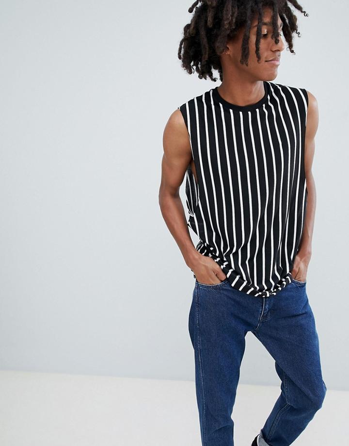 Asos Design Vertical Stripe Sleeveless T-shirt With Dropped Armhole - Black