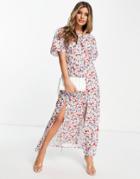 I Saw It First Short Sleeve Thigh Slit Midi Dress In White Ditsy Floral Print