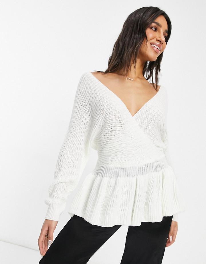 Parisian Wrap Front Peplum Sweater In Cream-white